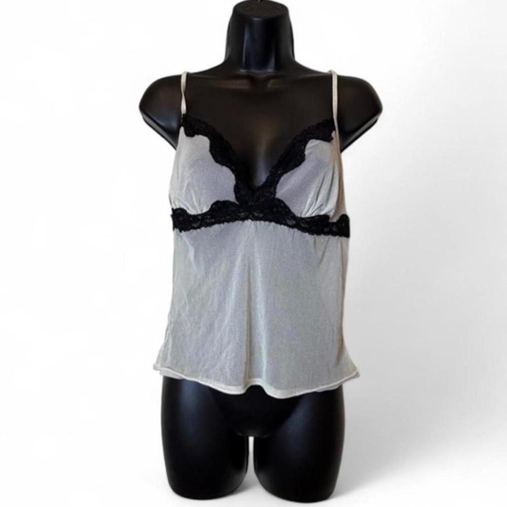 Coquette Cream Sheer Mesh Black Lace Trim Plunge Empire Waist Cami Top